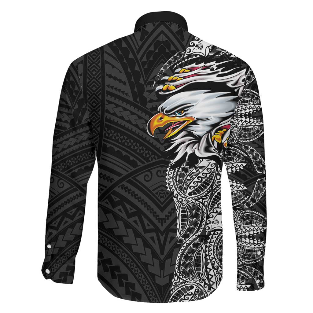 American Samoa Flag Day Family Matching Short Sleeve Bodycon Dress and Hawaiian Shirt Tribal Tattoo with Eagle Black LT03 - Polynesian Pride