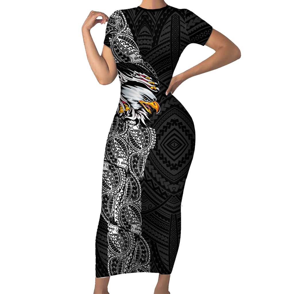 American Samoa Flag Day Family Matching Short Sleeve Bodycon Dress and Hawaiian Shirt Tribal Tattoo with Eagle Black LT03 Mom's Dress Black - Polynesian Pride