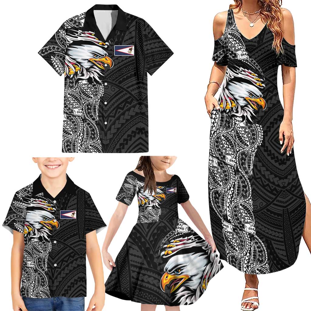 American Samoa Flag Day Family Matching Summer Maxi Dress and Hawaiian Shirt Tribal Tattoo with Eagle Black
