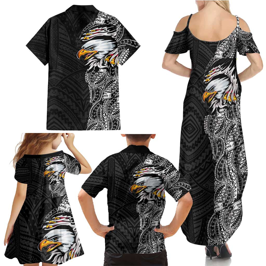 American Samoa Flag Day Family Matching Summer Maxi Dress and Hawaiian Shirt Tribal Tattoo with Eagle Black
