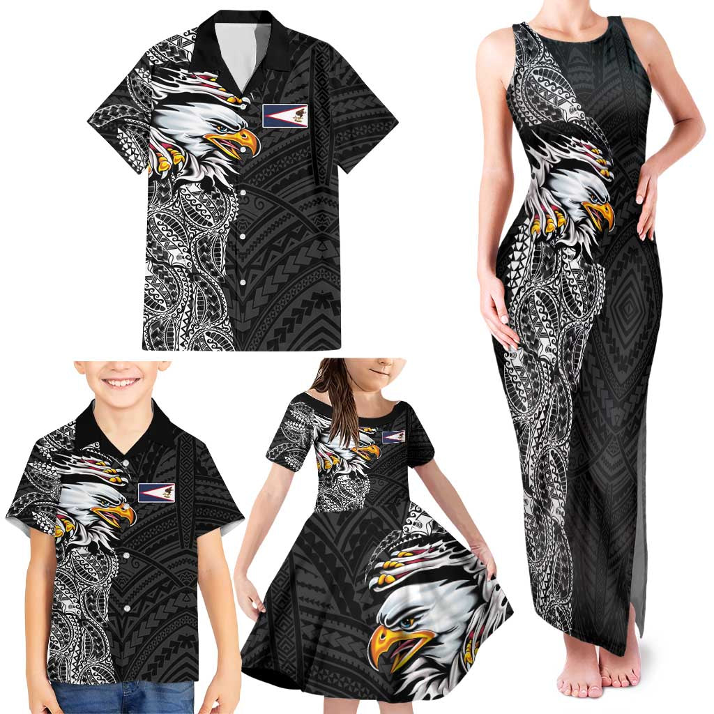 American Samoa Flag Day Family Matching Tank Maxi Dress and Hawaiian Shirt Tribal Tattoo with Eagle Black