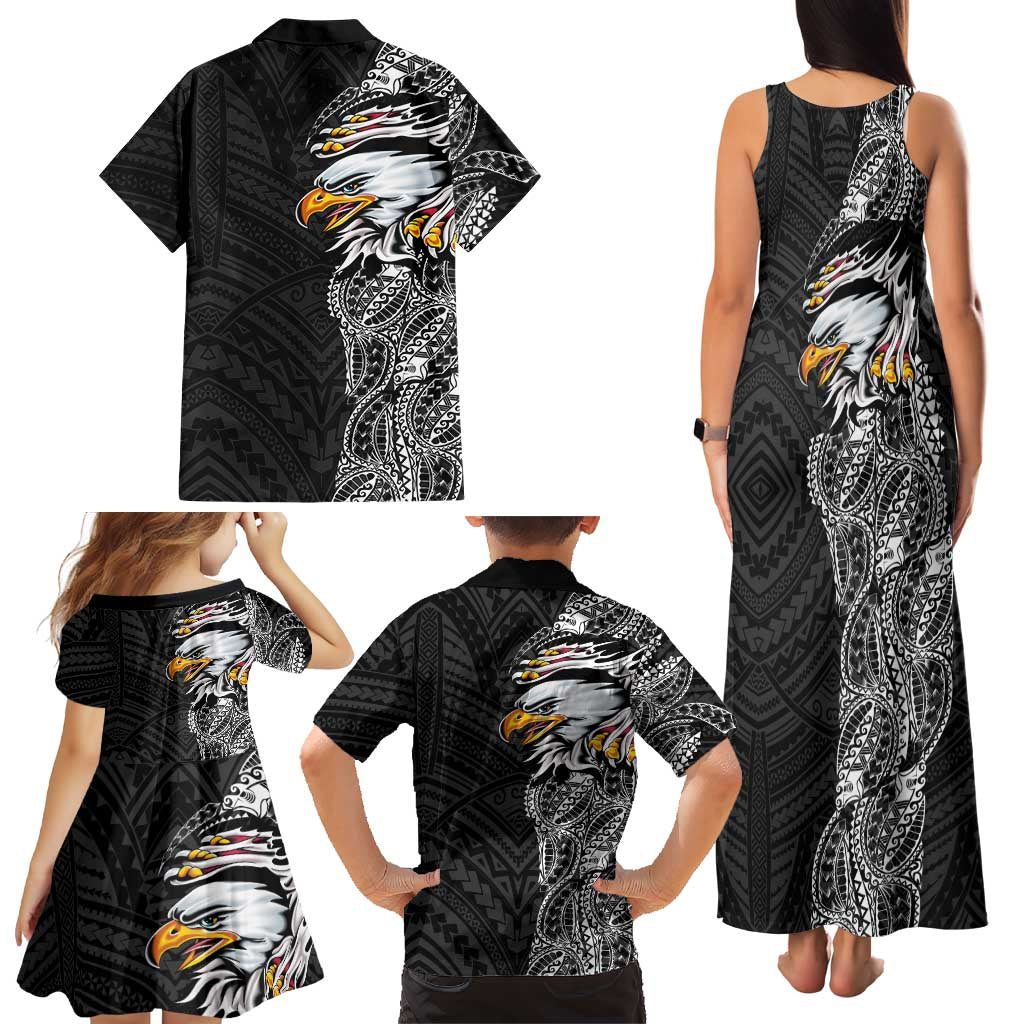 American Samoa Flag Day Family Matching Tank Maxi Dress and Hawaiian Shirt Tribal Tattoo with Eagle Black
