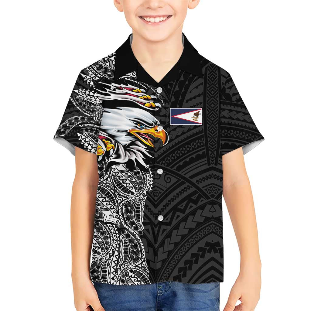 American Samoa Flag Day Kid Hawaiian Shirt Tribal Tattoo with Eagle Black LT03 Kid Black - Polynesian Pride