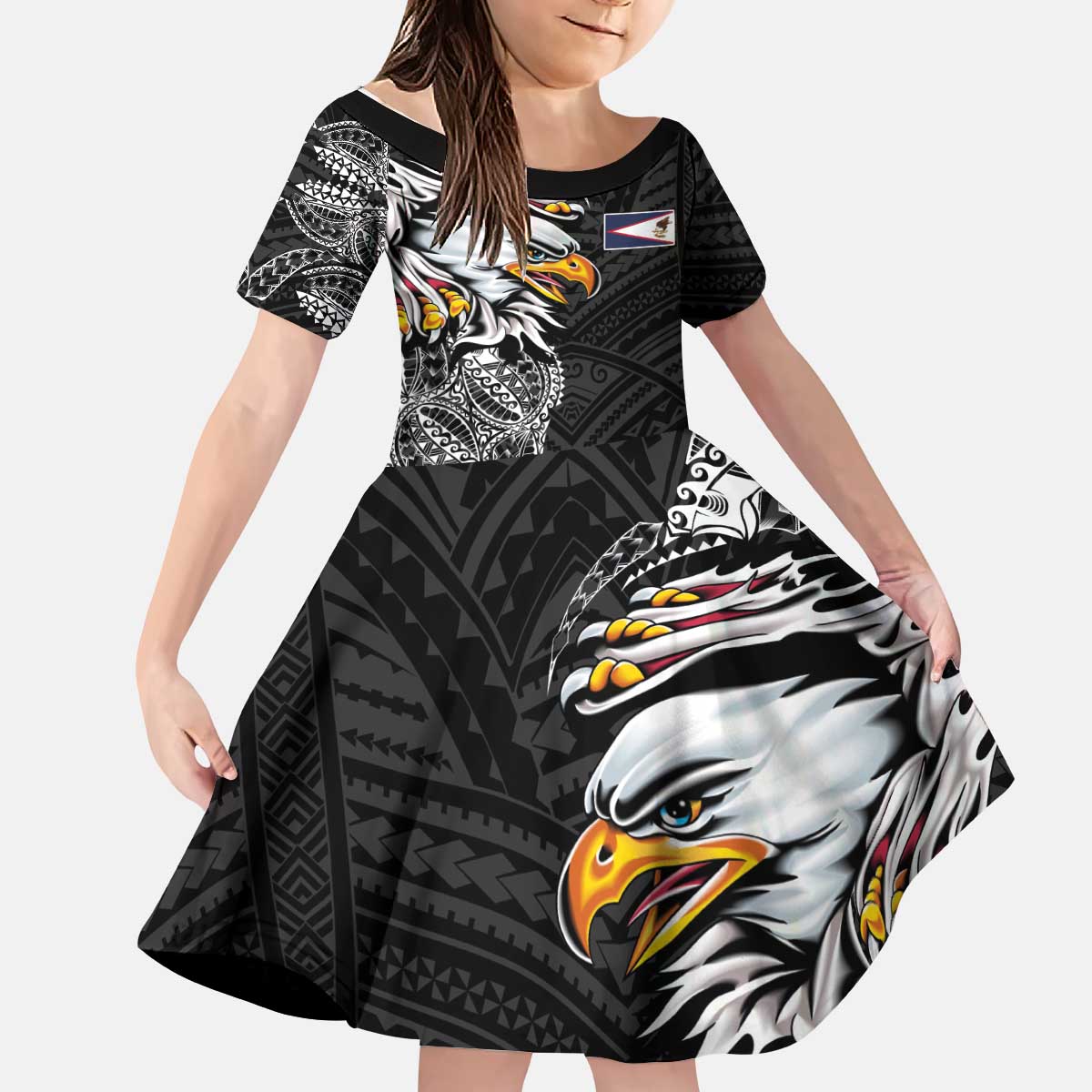 American Samoa Flag Day Kid Short Sleeve Dress Tribal Tattoo with Eagle Black LT03 KID Black - Polynesian Pride