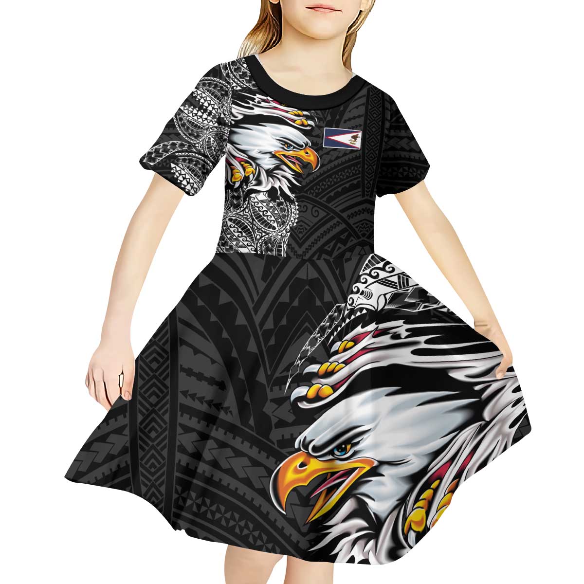 American Samoa Flag Day Kid Short Sleeve Dress Tribal Tattoo with Eagle Black LT03 - Polynesian Pride