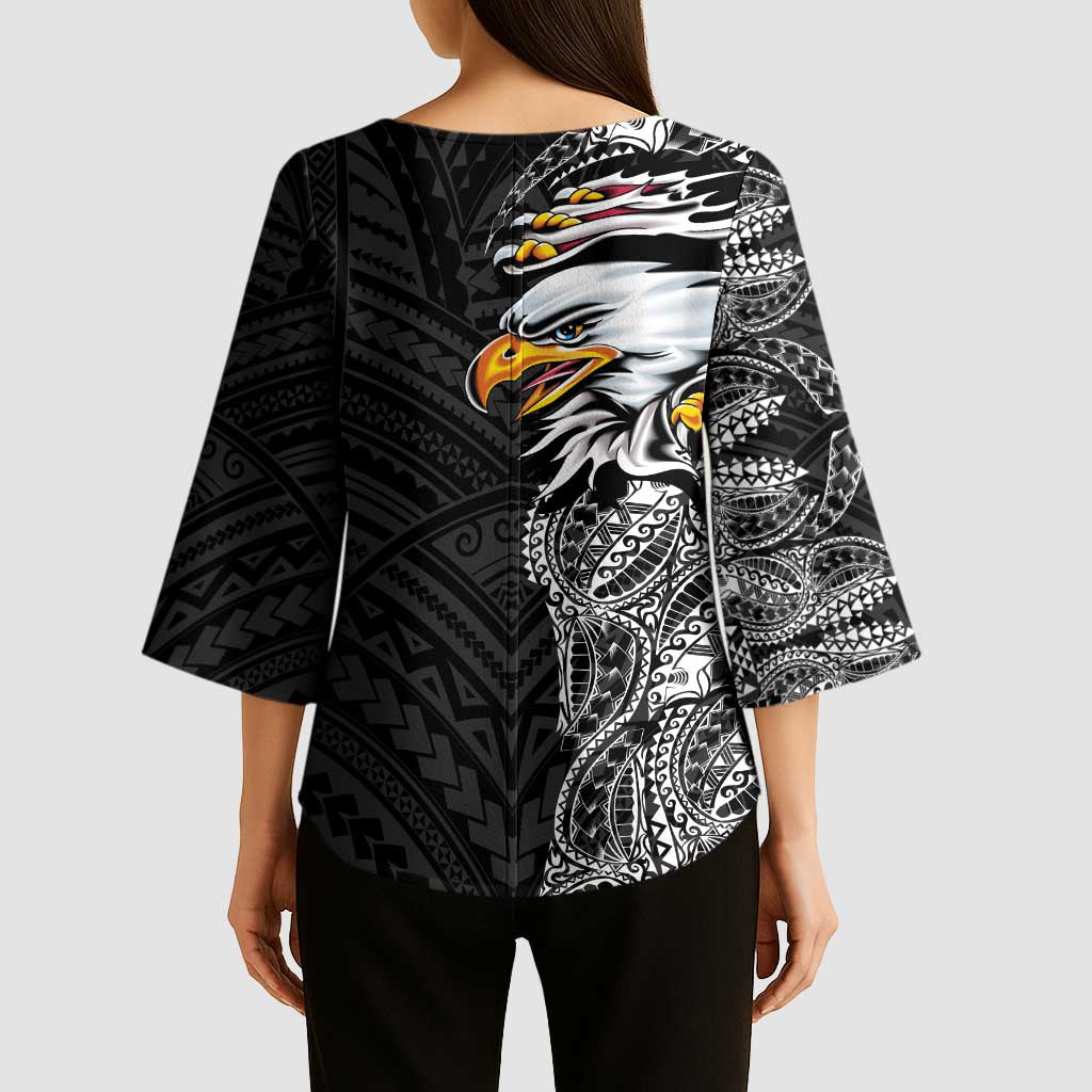 American Samoa Flag Day Kimono Sleeve Blouse Tribal Tattoo with Eagle Black