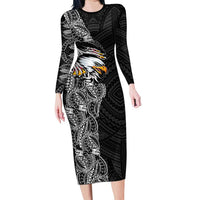 American Samoa Flag Day Long Sleeve Bodycon Dress Tribal Tattoo with Eagle Black