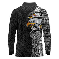 American Samoa Flag Day Long Sleeve Polo Shirt Tribal Tattoo with Eagle Black