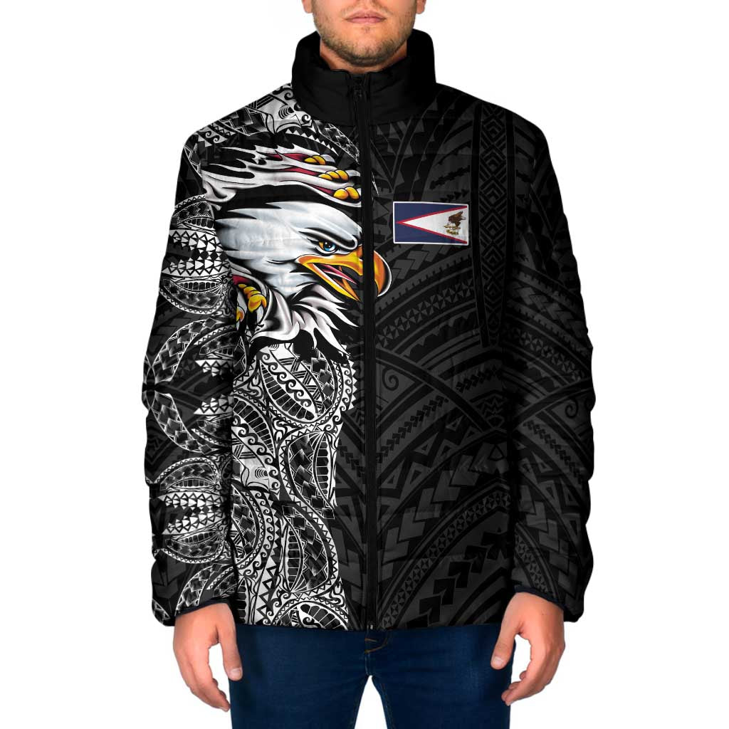 American Samoa Flag Day Padded Jacket Tribal Tattoo with Eagle Black