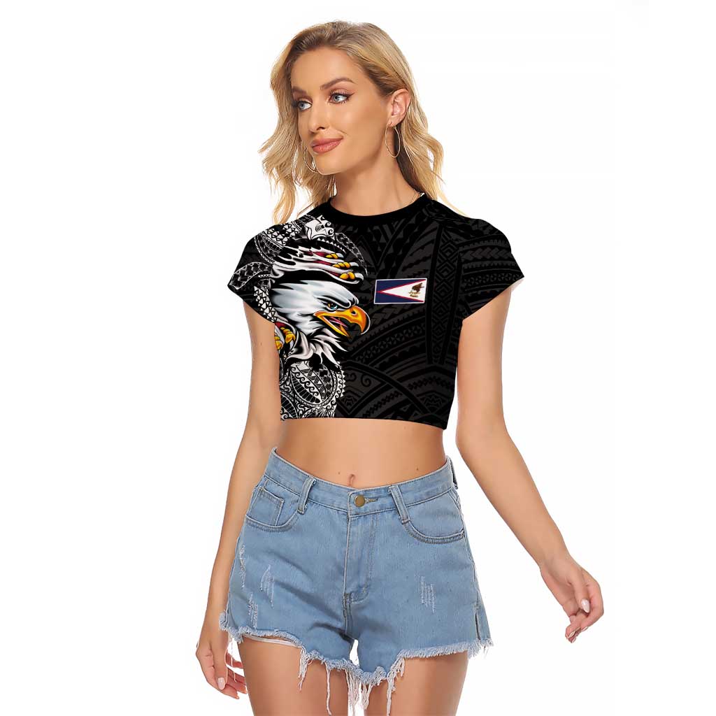 American Samoa Flag Day Raglan Cropped T Shirt Tribal Tattoo with Eagle Black