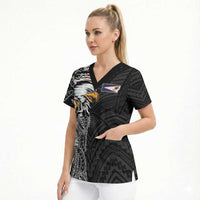 American Samoa Flag Day Scrub Top Tribal Tattoo with Eagle Black