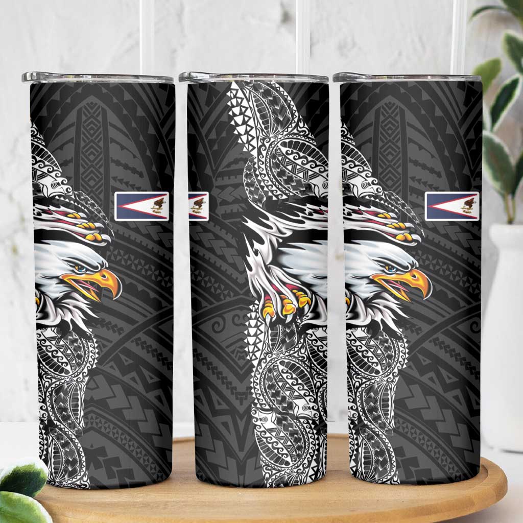 American Samoa Flag Day Skinny Tumbler Tribal Tattoo with Eagle Black
