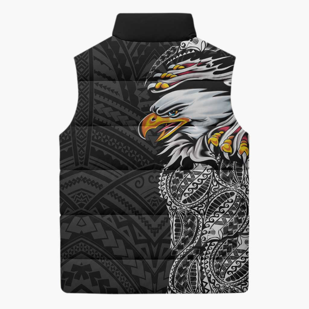 American Samoa Flag Day Sleeveless Puffer Jacket Tribal Tattoo with Eagle Black