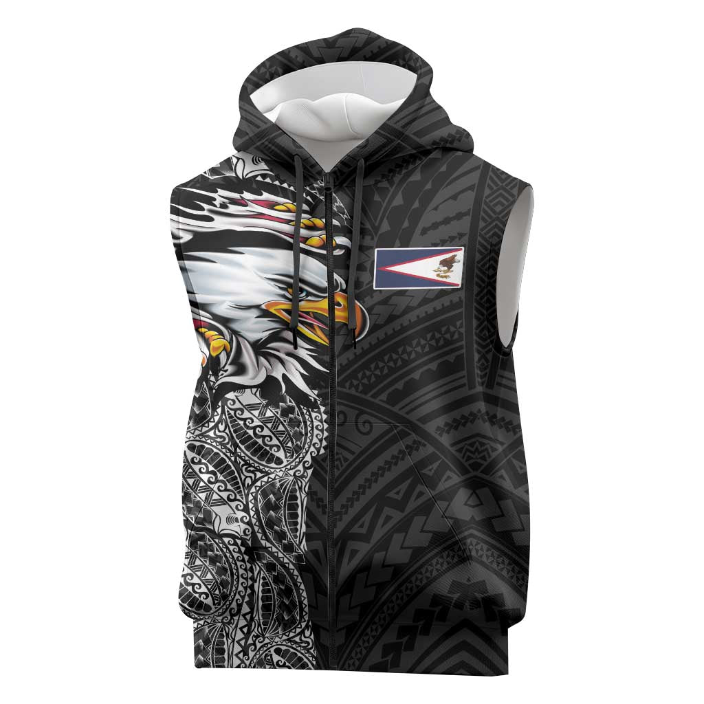 American Samoa Flag Day Sleeveless Zip Hoodie Tribal Tattoo with Eagle Black LT03 Black - Polynesian Pride