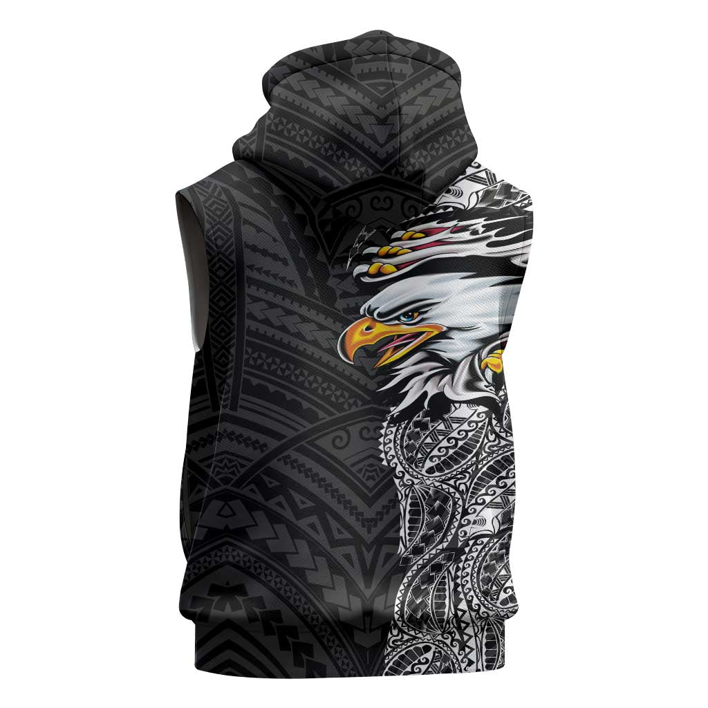 American Samoa Flag Day Sleeveless Zip Hoodie Tribal Tattoo with Eagle Black LT03 - Polynesian Pride