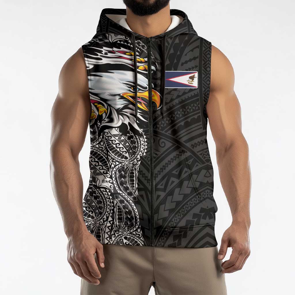 American Samoa Flag Day Sleeveless Zip Hoodie Tribal Tattoo with Eagle Black LT03 - Polynesian Pride