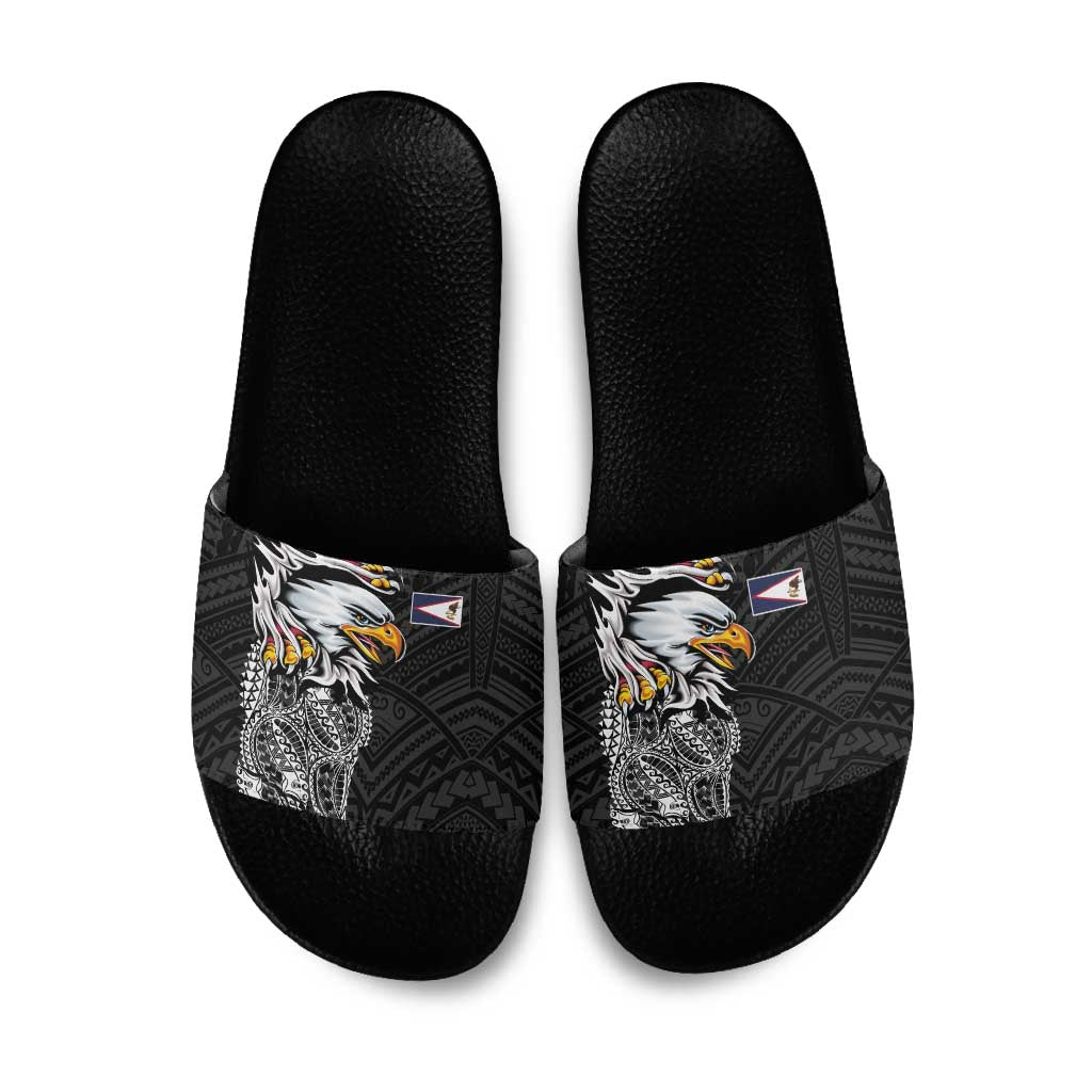 American Samoa Flag Day Slide Sandals Tribal Tattoo with Eagle Black