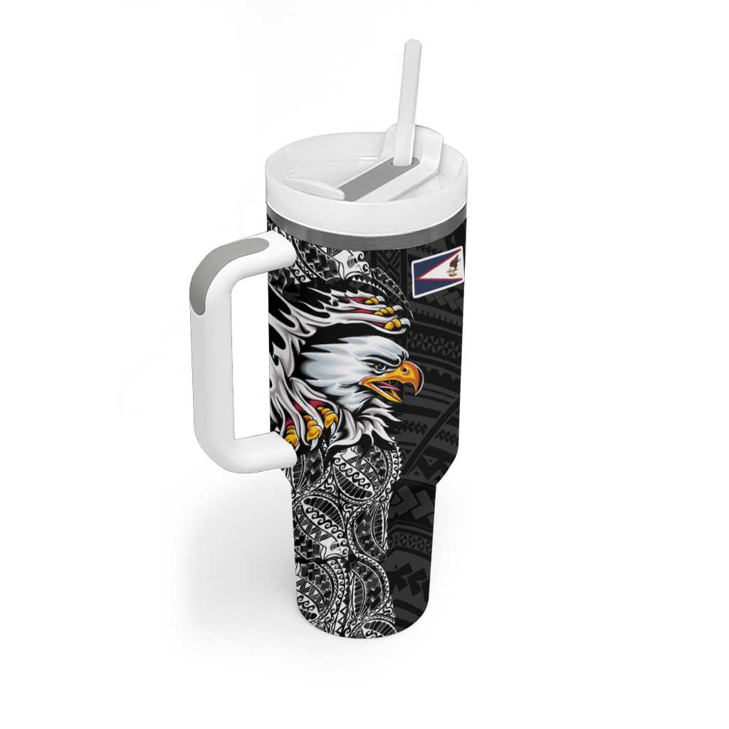 American Samoa Flag Day Tumbler With Handle Tribal Tattoo with Eagle Black