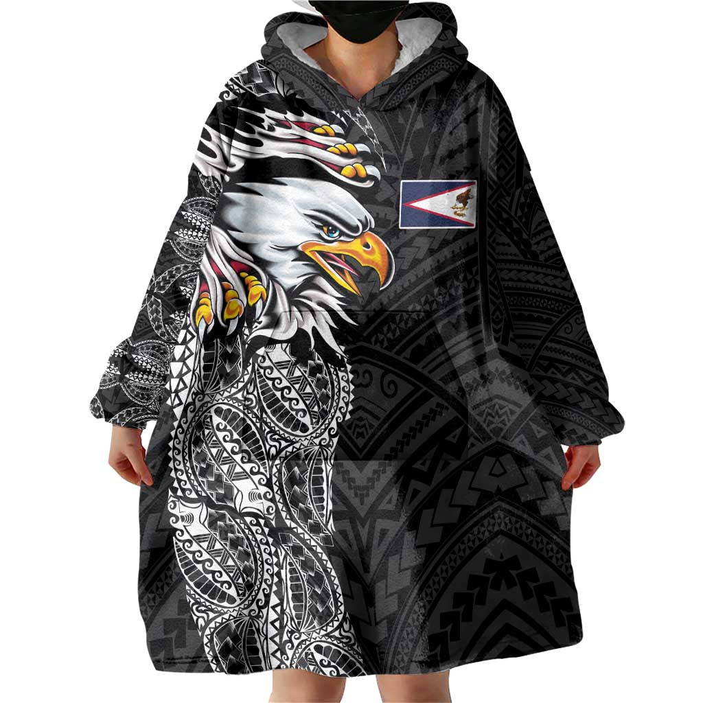 American Samoa Flag Day Wearable Blanket Hoodie Tribal Tattoo with Eagle Black