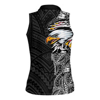 American Samoa Flag Day Women Sleeveless Polo Shirt Tribal Tattoo with Eagle Black