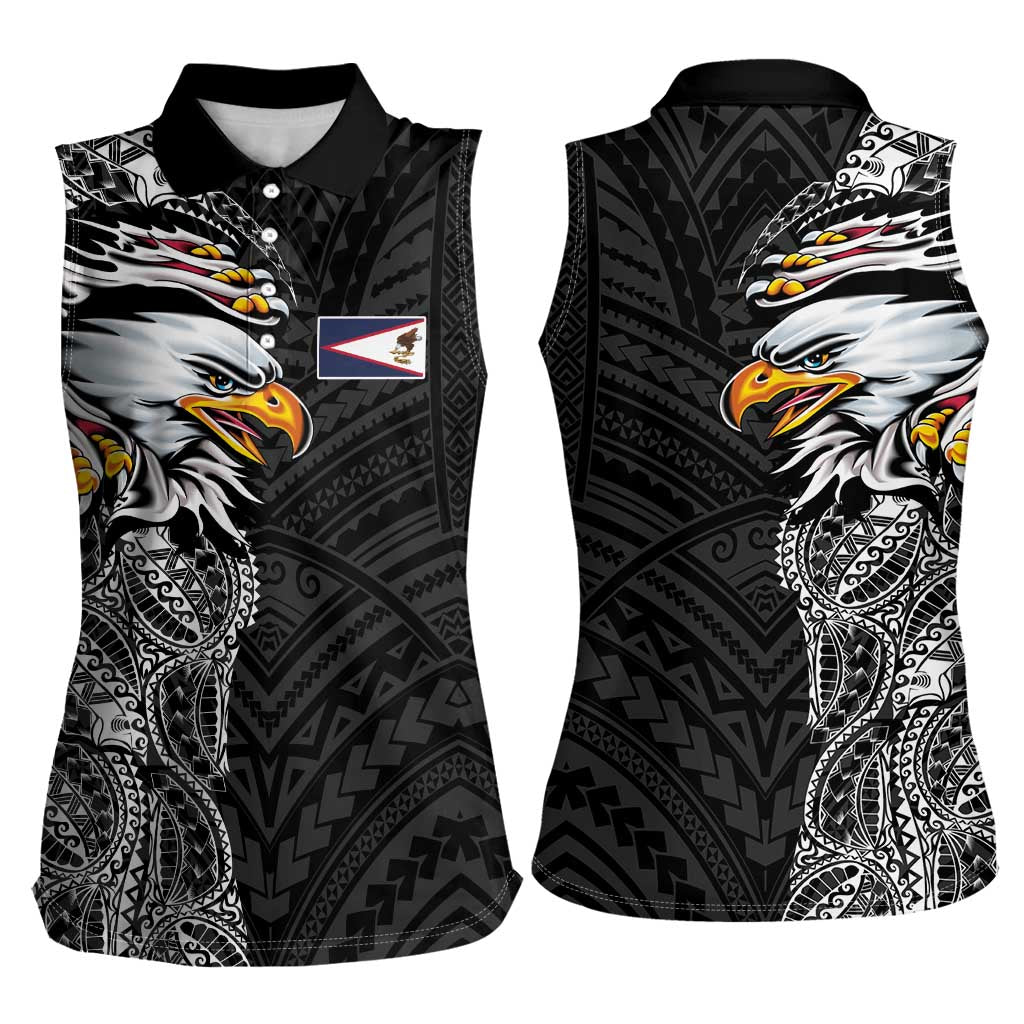 American Samoa Flag Day Women Sleeveless Polo Shirt Tribal Tattoo with Eagle Black