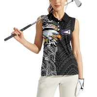 American Samoa Flag Day Women Sleeveless Polo Shirt Tribal Tattoo with Eagle Black