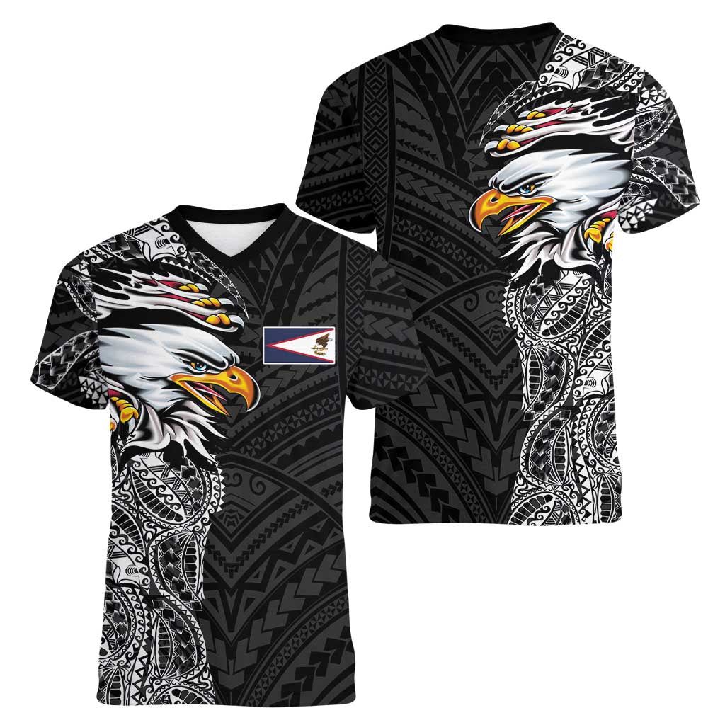 American Samoa Flag Day Women V-Neck T-Shirt Tribal Tattoo with Eagle Black