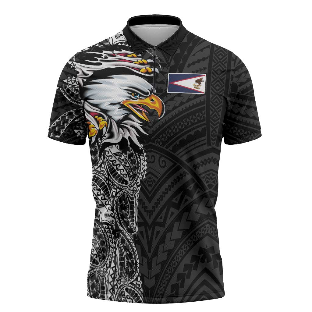 American Samoa Flag Day Zipper Polo Shirt Tribal Tattoo with Eagle Black LT03 Black - Polynesian Pride