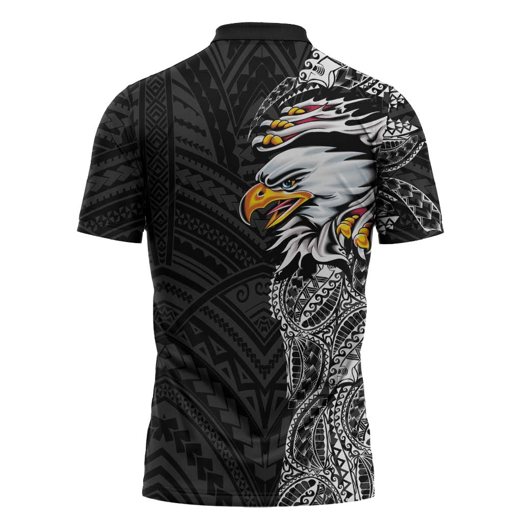 American Samoa Flag Day Zipper Polo Shirt Tribal Tattoo with Eagle Black LT03 - Polynesian Pride