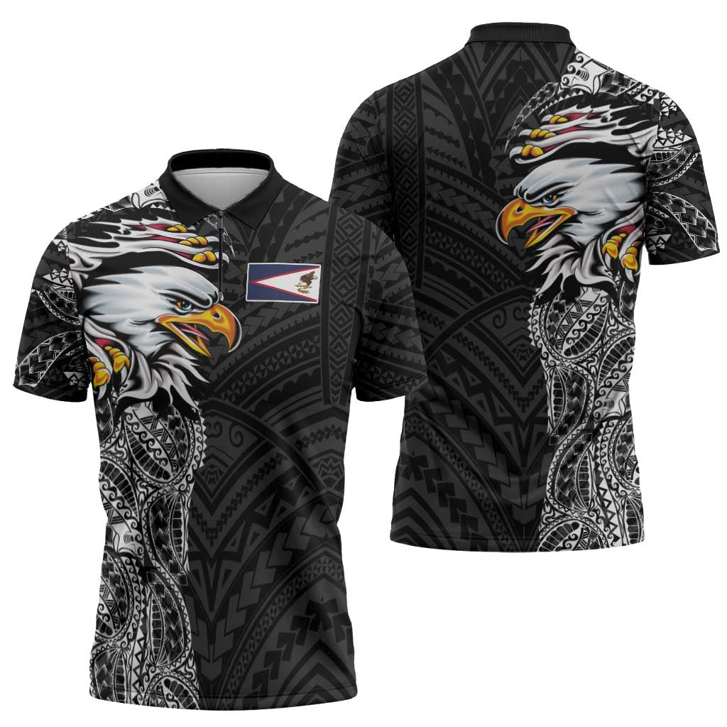 American Samoa Flag Day Zipper Polo Shirt Tribal Tattoo with Eagle Black LT03 - Polynesian Pride
