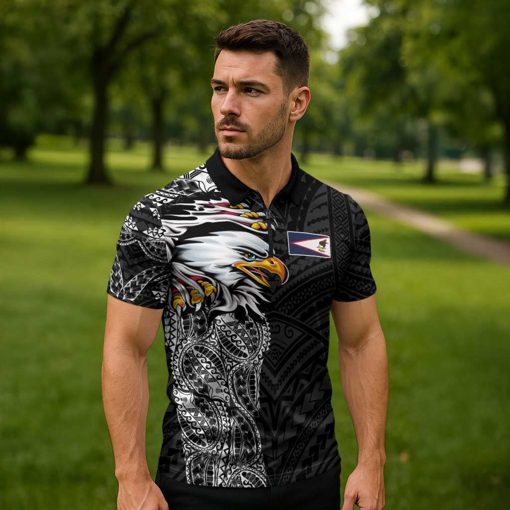 American Samoa Flag Day Zipper Polo Shirt Tribal Tattoo with Eagle Black LT03 - Polynesian Pride