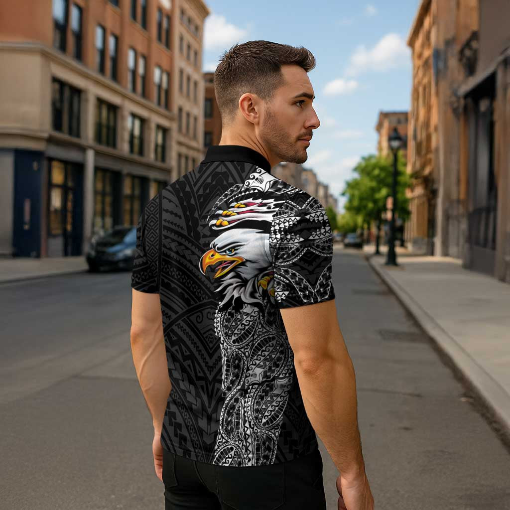 American Samoa Flag Day Zipper Polo Shirt Tribal Tattoo with Eagle Black LT03 - Polynesian Pride