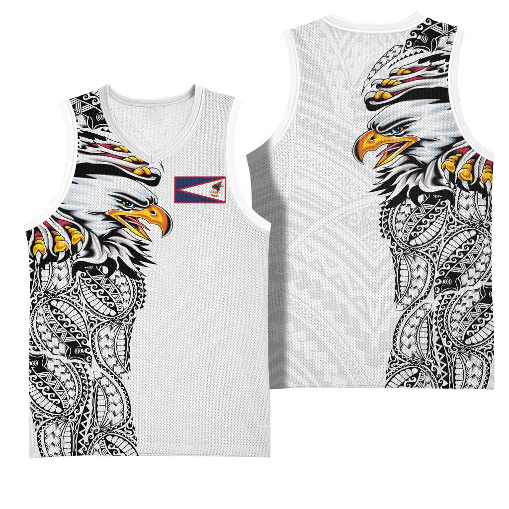 American Samoa Flag Day Basketball Jersey Tribal Tattoo with Eagle White