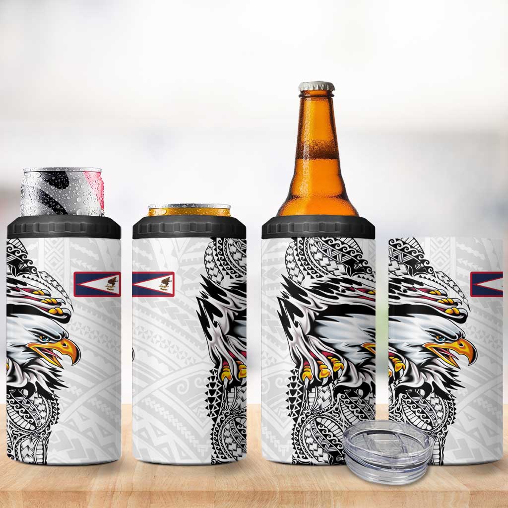 American Samoa Flag Day 4 in 1 Can Cooler Tumbler Tribal Tattoo with Eagle White