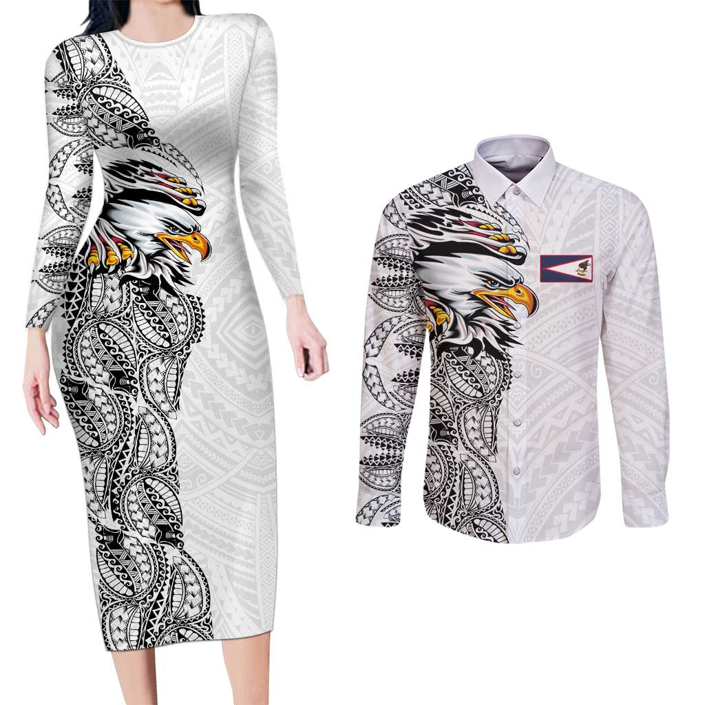 American Samoa Flag Day Couples Matching Long Sleeve Bodycon Dress and Long Sleeve Button Shirt Tribal Tattoo with Eagle White