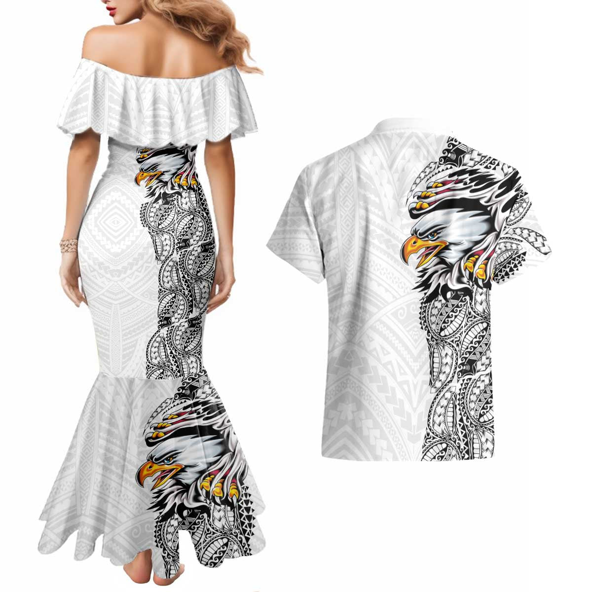 American Samoa Flag Day Couples Matching Mermaid Dress and Hawaiian Shirt Tribal Tattoo with Eagle White