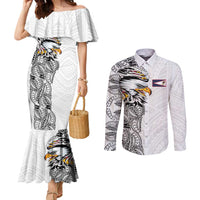American Samoa Flag Day Couples Matching Mermaid Dress and Long Sleeve Button Shirt Tribal Tattoo with Eagle White LT03 White - Polynesian Pride