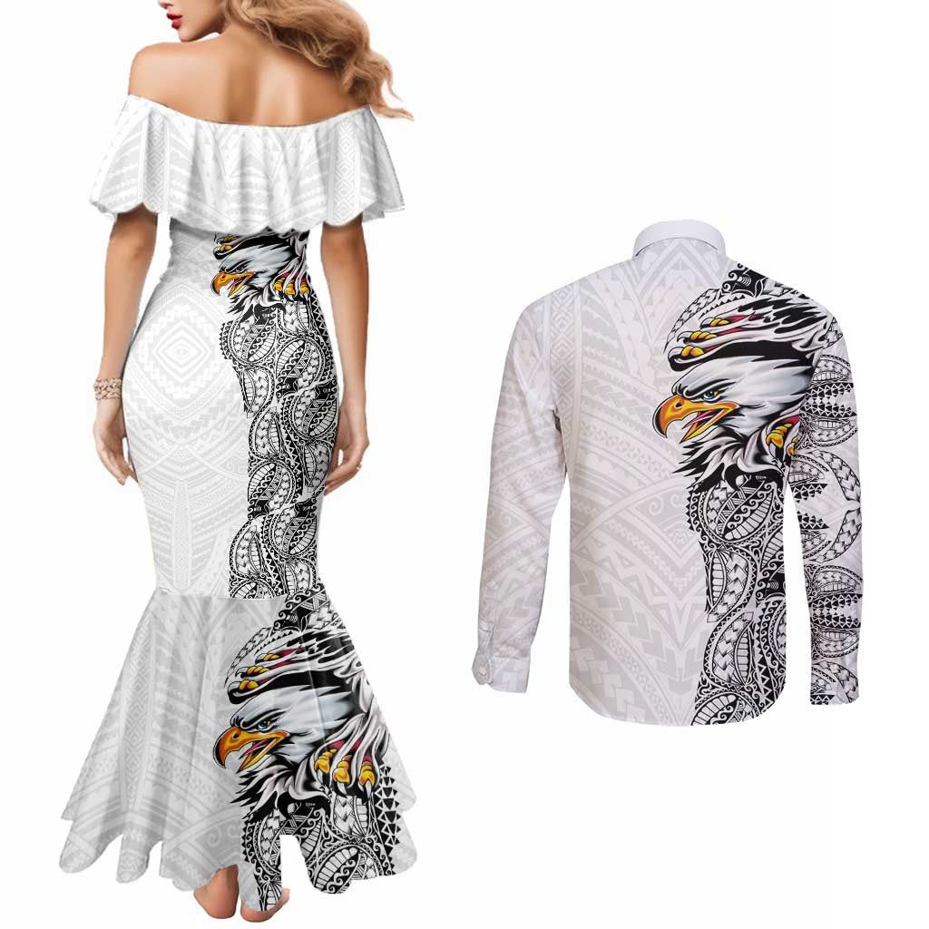 American Samoa Flag Day Couples Matching Mermaid Dress and Long Sleeve Button Shirt Tribal Tattoo with Eagle White LT03 - Polynesian Pride