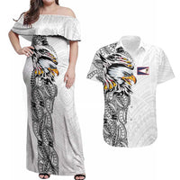 American Samoa Flag Day Couples Matching Off Shoulder Maxi Dress and Hawaiian Shirt Tribal Tattoo with Eagle White LT03 White - Polynesian Pride