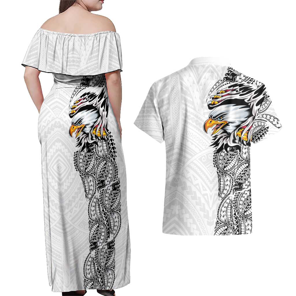 American Samoa Flag Day Couples Matching Off Shoulder Maxi Dress and Hawaiian Shirt Tribal Tattoo with Eagle White LT03 - Polynesian Pride