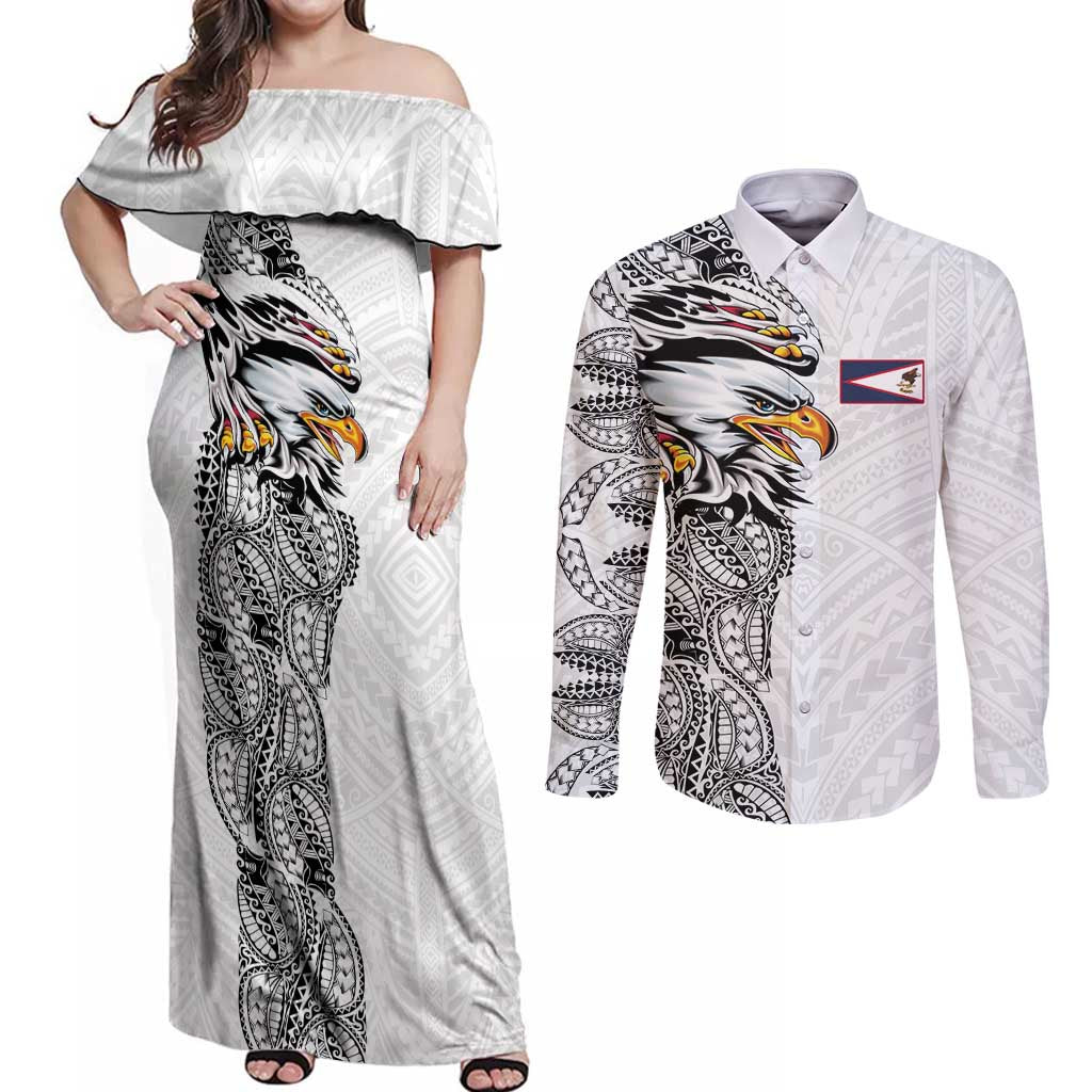 American Samoa Flag Day Couples Matching Off Shoulder Maxi Dress and Long Sleeve Button Shirt Tribal Tattoo with Eagle White LT03 White - Polynesian Pride
