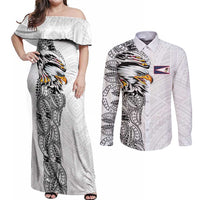 American Samoa Flag Day Couples Matching Off Shoulder Maxi Dress and Long Sleeve Button Shirt Tribal Tattoo with Eagle White LT03 White - Polynesian Pride
