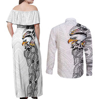 American Samoa Flag Day Couples Matching Off Shoulder Maxi Dress and Long Sleeve Button Shirt Tribal Tattoo with Eagle White LT03 - Polynesian Pride