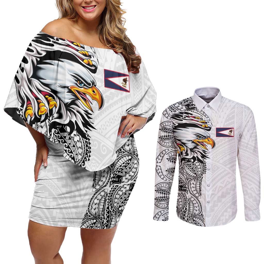 American Samoa Flag Day Couples Matching Off Shoulder Short Dress and Long Sleeve Button Shirt Tribal Tattoo with Eagle White