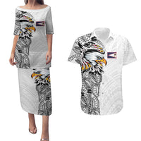 American Samoa Flag Day Couples Matching Puletasi and Hawaiian Shirt Tribal Tattoo with Eagle White