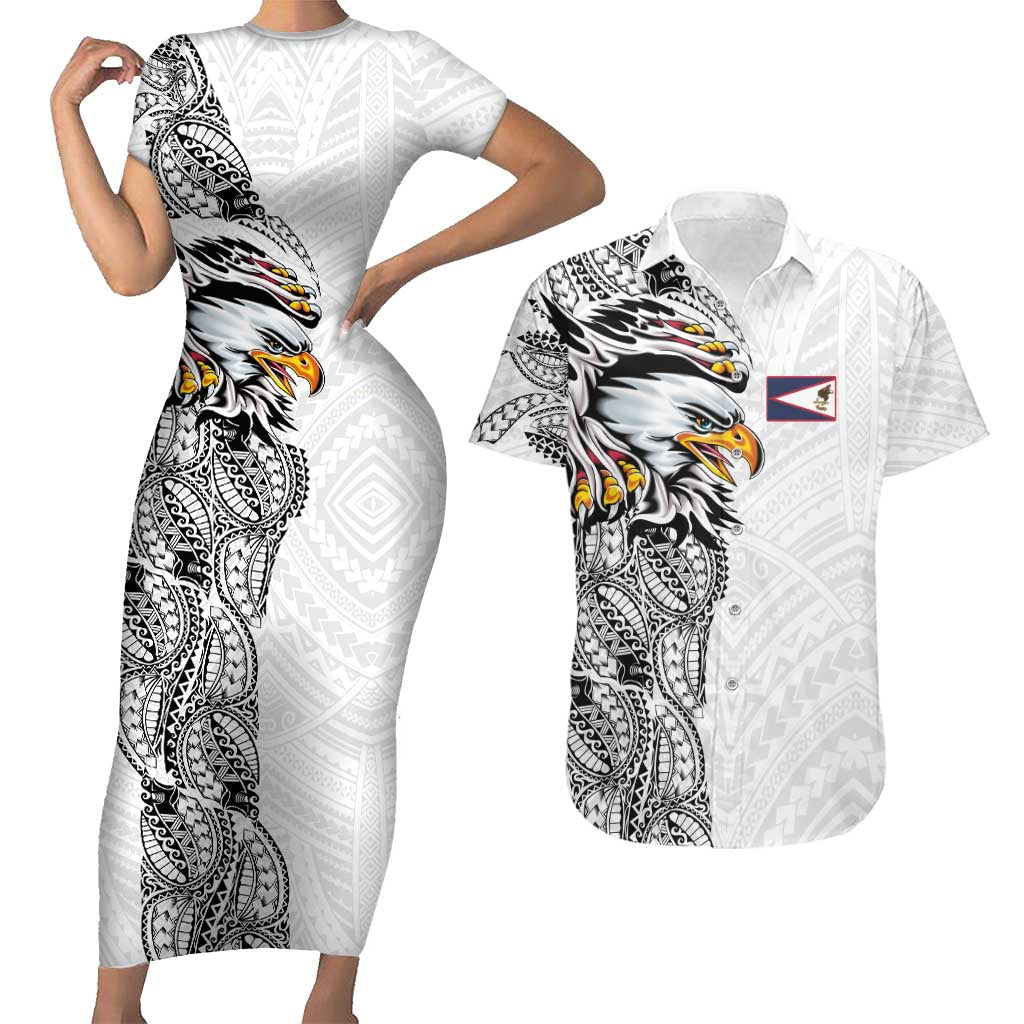 American Samoa Flag Day Couples Matching Short Sleeve Bodycon Dress and Hawaiian Shirt Tribal Tattoo with Eagle White