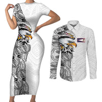 American Samoa Flag Day Couples Matching Short Sleeve Bodycon Dress and Long Sleeve Button Shirt Tribal Tattoo with Eagle White