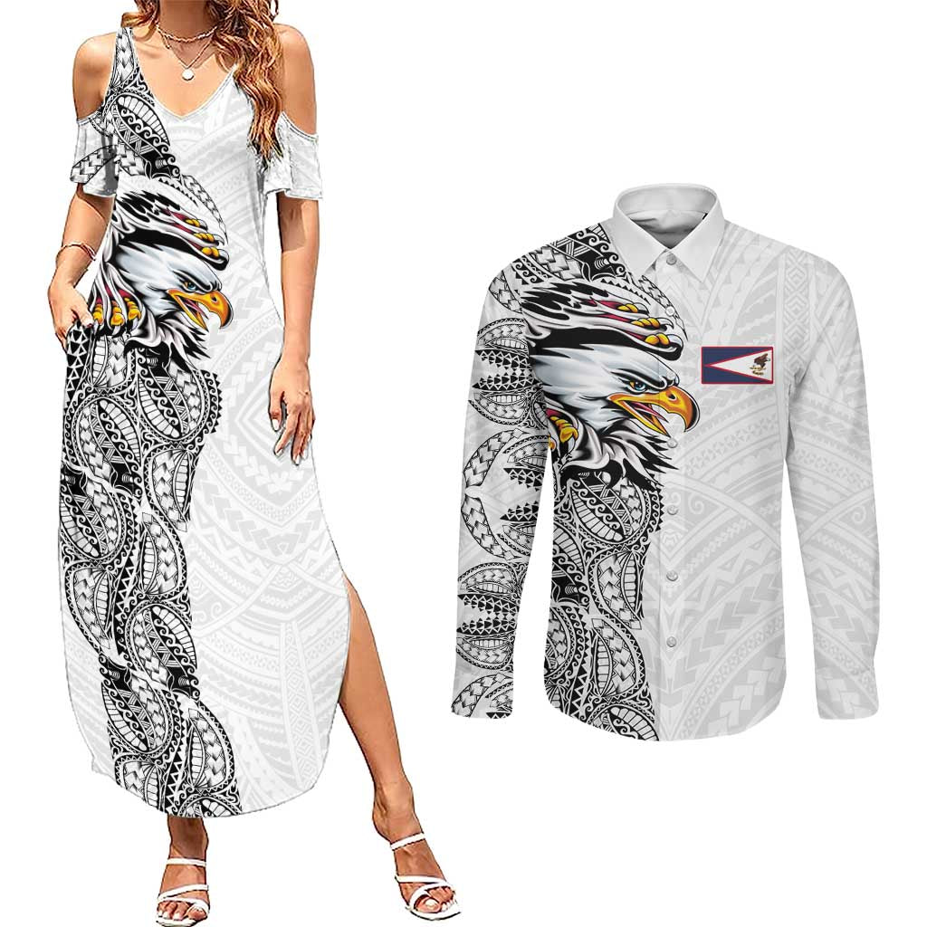 American Samoa Flag Day Couples Matching Summer Maxi Dress and Long Sleeve Button Shirt Tribal Tattoo with Eagle White