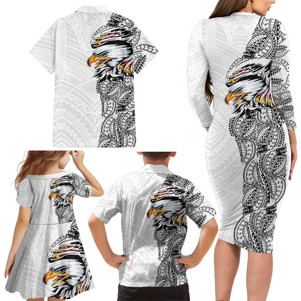 American Samoa Flag Day Family Matching Long Sleeve Bodycon Dress and Hawaiian Shirt Tribal Tattoo with Eagle White
