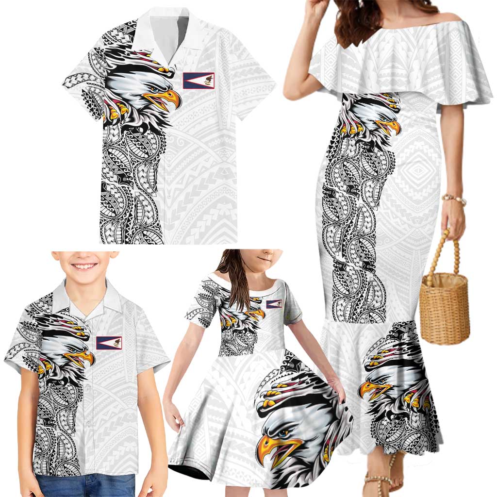 American Samoa Flag Day Family Matching Mermaid Dress and Hawaiian Shirt Tribal Tattoo with Eagle White